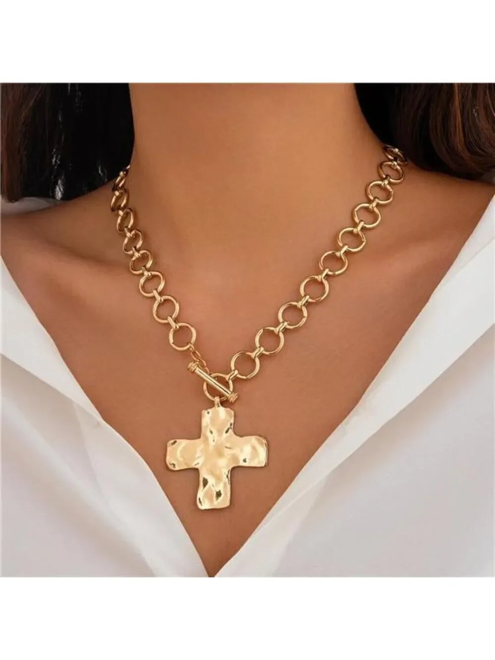 Chunky Necklace Cross Necklace Hammered Women Large Statement